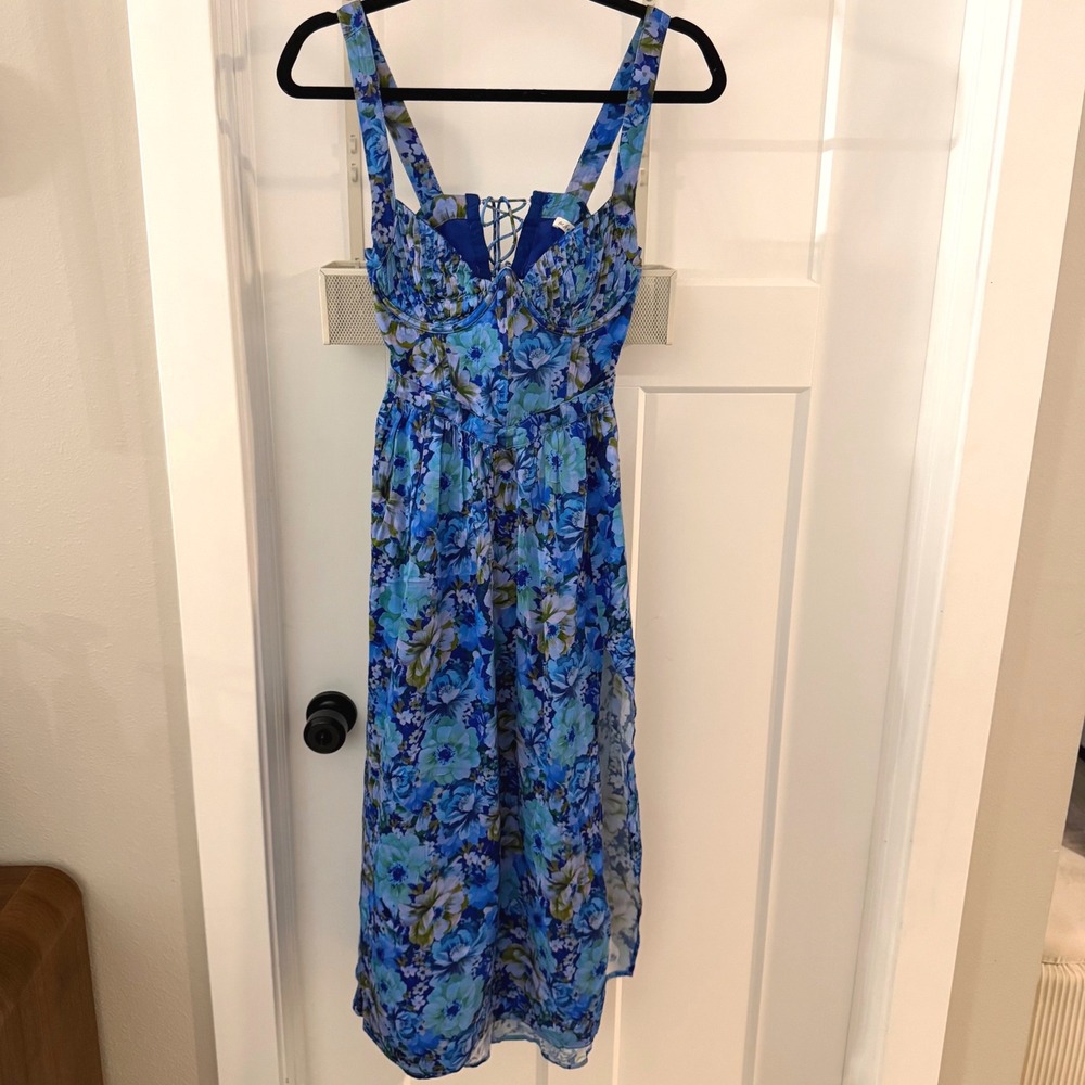 For Love & Lemons Blue Floral Bustier Midi Dress Lace Up Back S Wedding Guest